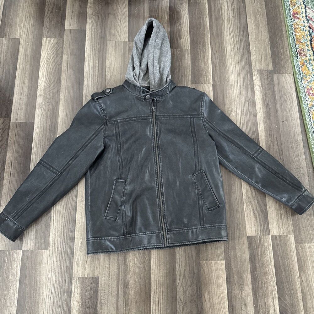 BKE Y2K MENS L Stonewash Black Jacket COAT‎ DOUBLE Zip 90s Distressed Motorcycle